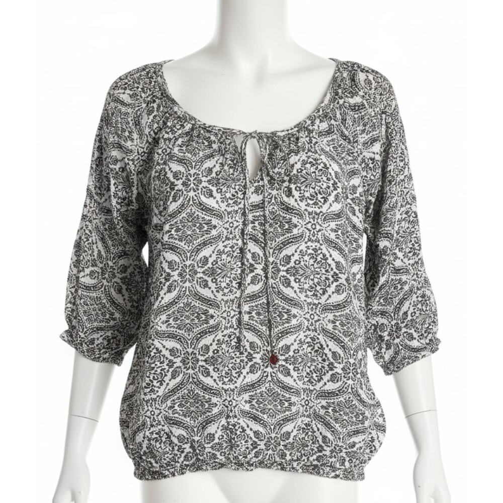 ROXY Blouse L Gray White Paisley Cotton Sheer Scoop Neck Boho Chic Hippie STAIN